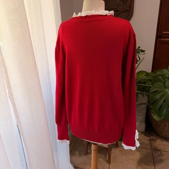 Red Lace Trim Sweater XL Cottagecore Preppy Gold Button - Picture 3 of 4